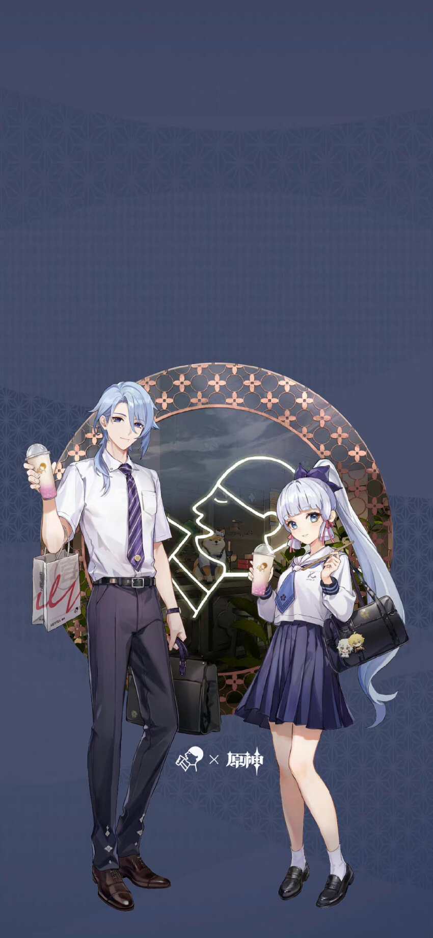 1boy 1girl aether_(genshin_impact) ayaka_(genshin_impact) bag belt black_shoes blue_eyes blue_hair blue_necktie brother_and_sister charm_(object) collared_shirt full_body genshin_impact highres kamisato_ayaka kamisato_ayaka_(heytea) kamisato_ayato kamisato_ayato_(heytea) loafers long_hair looking_at_viewer lumine_(genshin_impact) necktie official_alternate_costume official_art parted_lips pleated_skirt ponytail sailor_collar school_bag school_uniform shirt shoes siblings simple_background skirt smile socks standing taroumaru_(genshin_impact) white_shirt white_socks