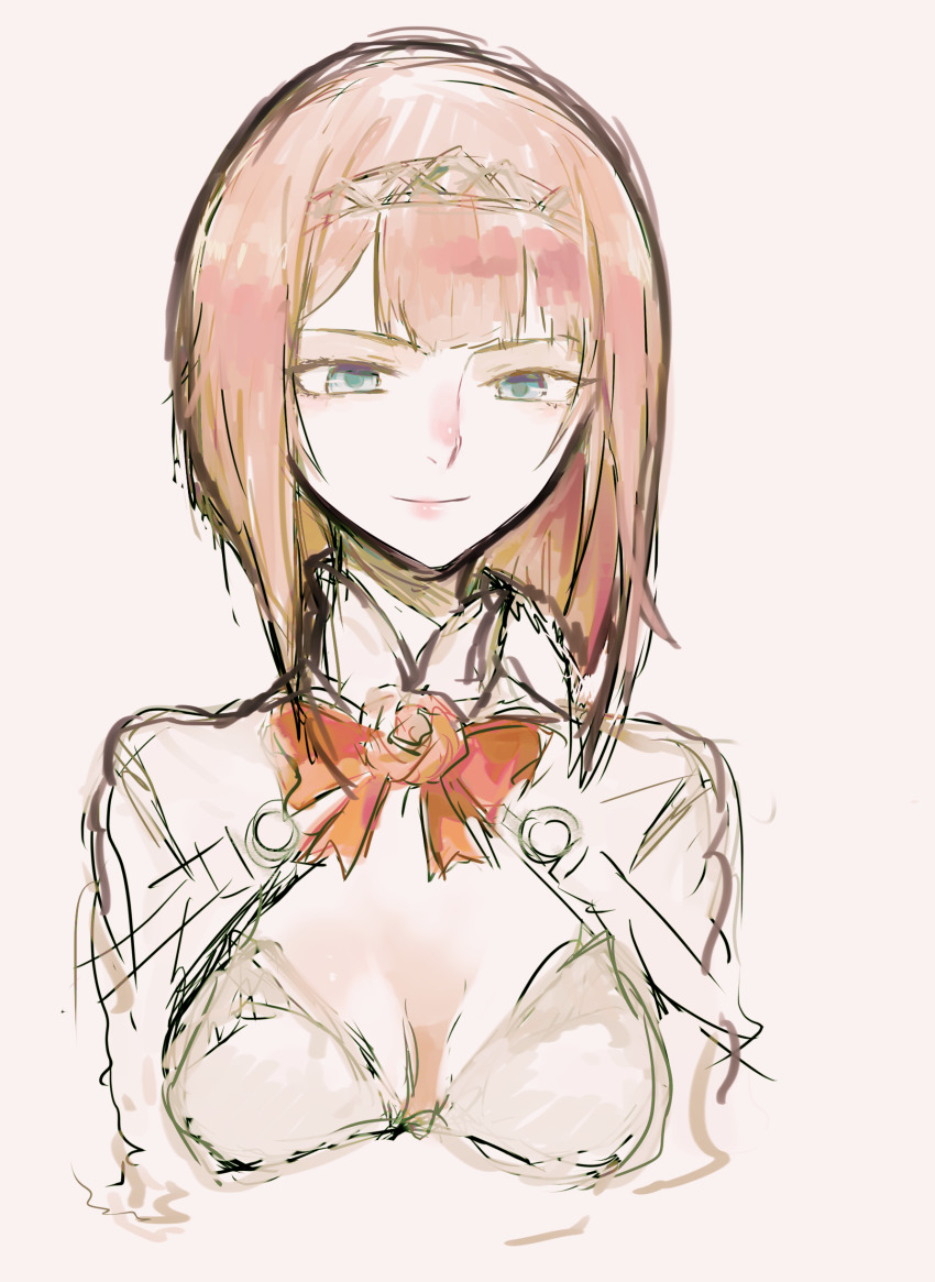 1girl absurdres agtt25333 ark_royal_(kancolle) blue_eyes blunt_bangs bob_cut cleavage_cutout clothing_cutout commentary_request female_focus hairband highres jacket kantai_collection pink_background red_hair short_hair sketch smile solo tiara tsurime upper_body