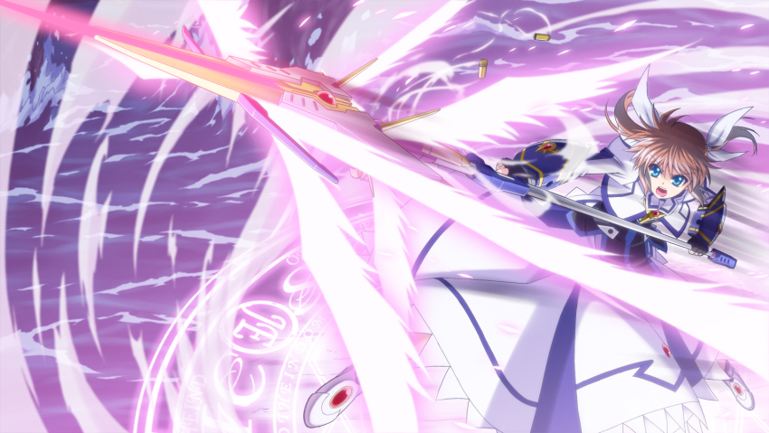 1girl blue_eyes brown_hair bullet cartridge female_focus h-new highres holding lyrical_nanoha magical_girl mahou_shoujo_lyrical_nanoha mahou_shoujo_lyrical_nanoha_a&#039;s mahou_shoujo_lyrical_nanoha_the_movie_2nd_a&#039;s md5_mismatch open_mouth polearm raising_heart raising_heart_(exelion_mode)_(2nd) solo spear takamachi_nanoha takamachi_nanoha_(exelion_mode) twintails weapon wings