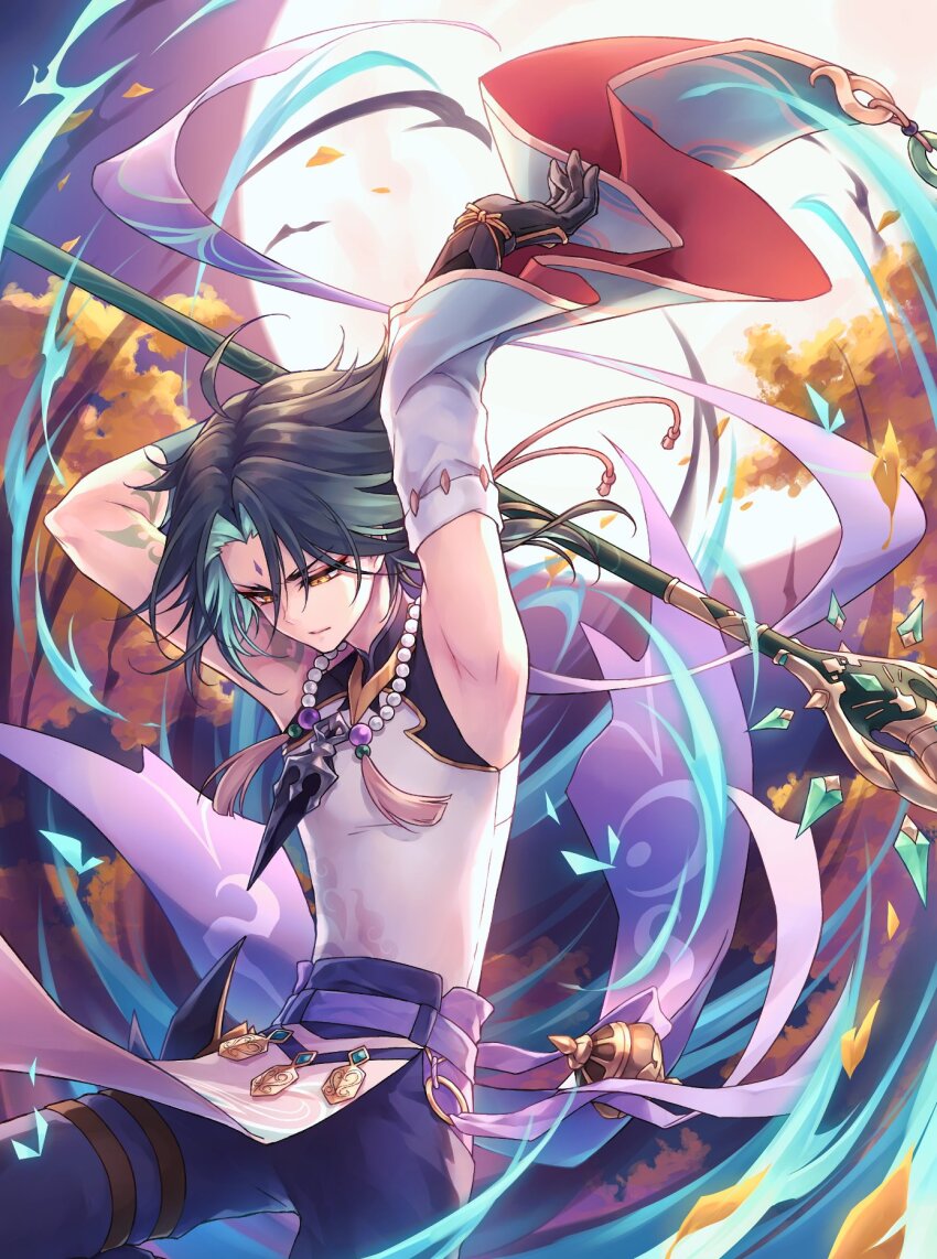 1boy ahoge aqua_hair arm_tattoo armpits arms_up asymmetrical_gloves bead_necklace beads black_gloves blue_pants cape closed_mouth commentary_request cowboy_shot detached_sleeves energy eyeliner facial_mark forehead_mark full_moon genshin_impact gloves green_gloves green_hair highres holding holding_polearm holding_weapon jewelry looking_down makeup male_focus mismatched_gloves moon multicolored_hair necklace night night_sky outdoors pants parted_bangs pelvic_curtain polearm primordial_jade_winged-spear_(genshin_impact) purple_cape red_eyeliner serious shirt short_hair sidelocks single_detached_sleeve sky sleeveless sleeveless_shirt solo streaked_hair tassel tattoo thigh_strap thistle_lapis tree v-shaped_eyebrows weapon white_shirt wide_sleeves wind xiao_(genshin_impact) yellow_eyes