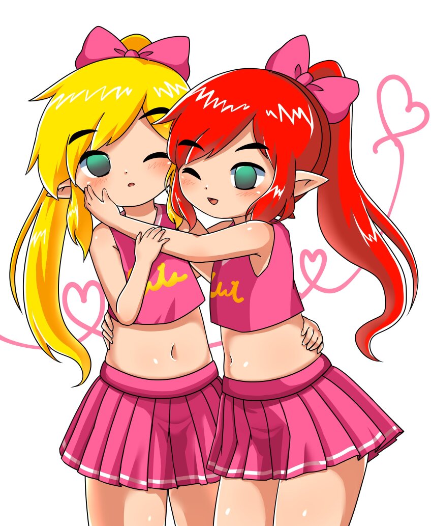 2boys absurdres blonde_hair blush bow cheerleader cheerleader_link crop_top crossdressing green_eyes hair_bow hand_on_another&#039;s_cheek heart highres link long_hair male_focus midriff multiple_boys navel nintendo official_alternate_costume one_eye_closed open_mouth papapaimon pink_bow pleated_skirt pointy_ears ponytail red_hair sidelocks skirt sleeveless smile standing stomach the_legend_of_zelda the_legend_of_zelda:_tri_force_heroes toon_link trap white_background yaoi