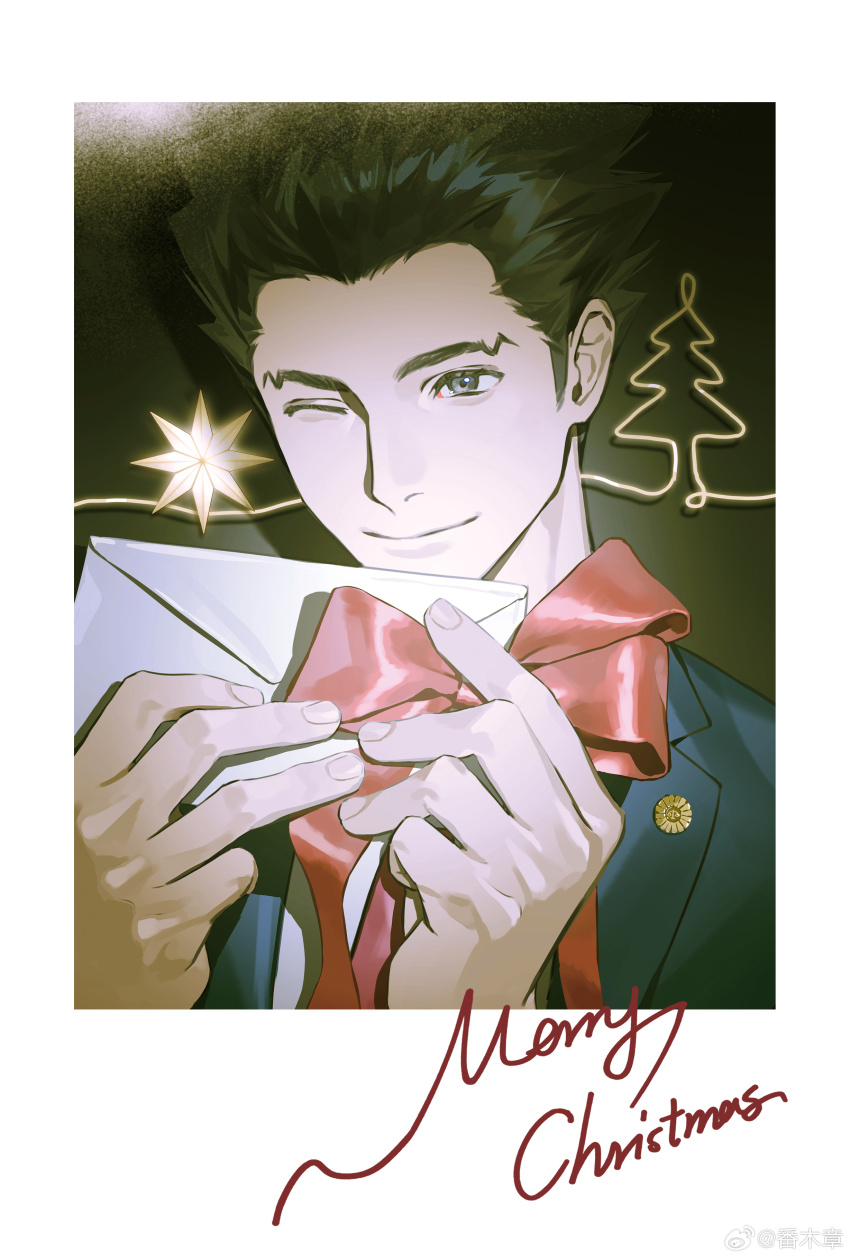 1boy absurdres ace_attorney black_hair blue_jacket bow christmas closed_mouth fan_mu_zhang highres holding holding_letter jacket letter looking_at_viewer male_focus merry_christmas necktie one_eye_closed phoenix_wright postcard red_bow red_necktie short_hair solo spiked_hair upper_body watermark weibo_watermark