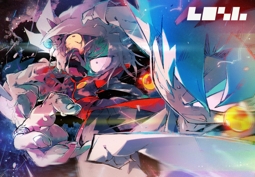 2boys action battle black_bodysuit black_pants blue_hair bodysuit clenched_teeth colored_sclera colored_skin deformed dougi dragon_ball dragon_ball_super earrings fused_zamasu green_skin grey_eyes grotesque heterochromia jewelry long_sleeves looking_at_another melting mismatched_pupils mismatched_sclera multicolored_skin multiple_boys mutation pants pointy_ears potara_earrings purple_skin red_eyes red_sash ring saiyan sash screaming sharp_teeth spiked_hair super_saiyan super_saiyan_blue suzuka_g teeth vegetto white_hair yellow_sclera
