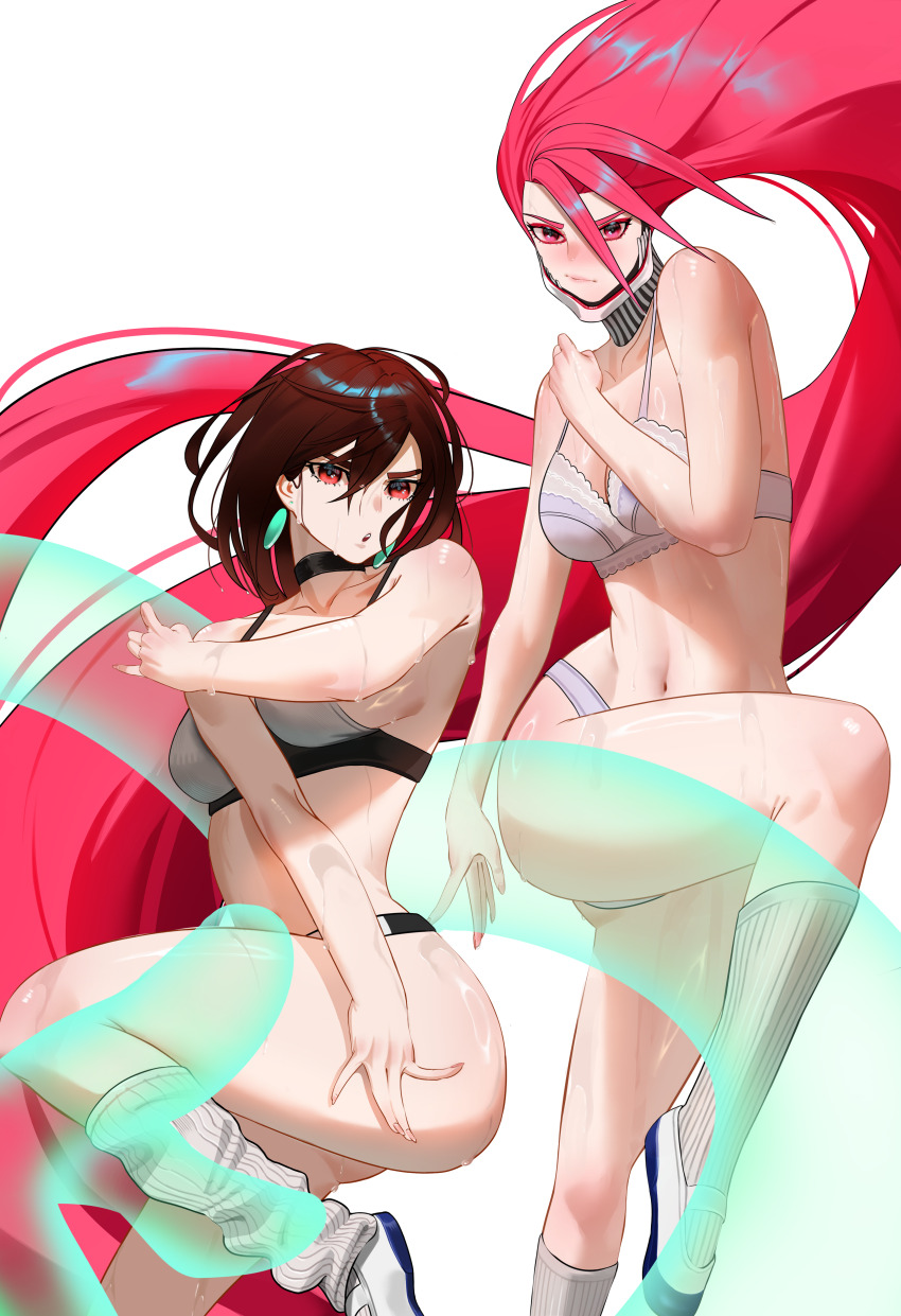 absurdres acrobatic_silky_(dandadan) alternate_form ayase_momo black_choker bra brown_hair choker dandadan earrings highres jewelry lingerie long_hair looking_at_viewer loose_socks msry1999 panties shiratori_aira_(dandadan) socks transformation underwear underwear_only white_panties