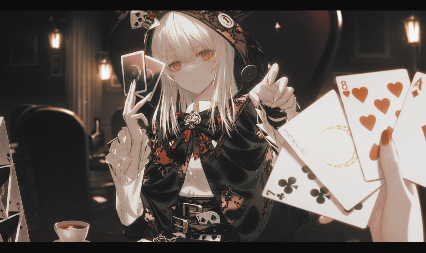 1girl 1other belt black_belt black_headwear blurry blurry_background bottle bow bowtie card chair closed_mouth clothing_request commentary cup diamond_(shape) grey_hair hand_up hands_up heart_card holding holding_card indoors lamp long_hair long_sleeves looking_at_viewer nail_polish original playing_card red_eyes red_nails symbol-only_commentary table tea teacup wanke
