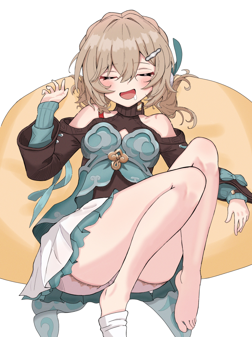 1girl absurdres bare_shoulders barefoot bean_bag_chair black_shirt breasts cleavage_cutout closed_eyes clothing_cutout dress drooling green_dress hair_ornament hairclip hand_up highres honkai:_star_rail honkai_(series) knees_up low_twintails lying medium_hair mouth_drool on_back panties pantyshot qingque_(honkai:_star_rail) shirt shoulder_cutout skirt sleeping small_breasts sock_dangle socks solo thighs twintails underwear warabi_mochi_(w4rabimochi) white_background white_panties white_socks