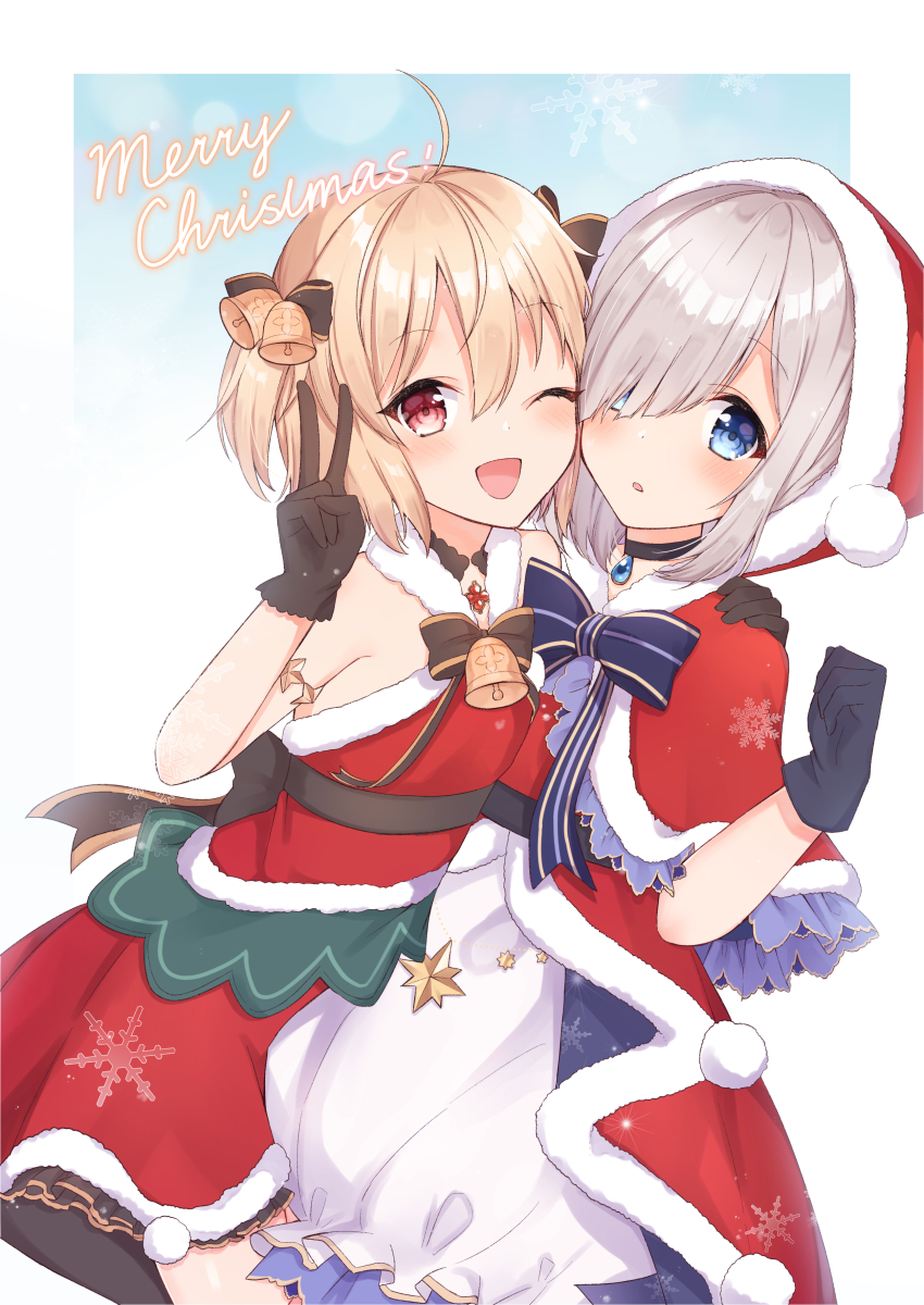 2girls absurdres ahoge arm_around_neck asymmetrical_bangs ayano_rika ayano_rika_(christmas_ver.) back_bow bare_shoulders bell black_bow black_bowtie black_choker black_collar black_gloves blonde_hair blue_background blue_bow blue_bowtie blue_eyes blue_gemstone blue_gloves blunt_bangs border bow bowtie bubble_skirt capelet chest_jewel choker christmas clenched_hand collar commentary_request cowboy_shot detached_collar dress english_text eyelashes frilled_capelet frilled_dress frills fur-trimmed_capelet fur-trimmed_dress fur-trimmed_headwear fur_trim gem gloves gold_armlet gradient_background grey_hair hair_bell hair_between_eyes hair_bow hair_ornament hair_over_one_eye halter_dress halterneck hand_on_another&#039;s_shoulder happy hat highres hug isuzu_ren isuzu_ren_(christmas_ver.) lace lace-trimmed_gloves lace_trim layered_dress magia_record:_mahou_shoujo_madoka_magica_gaiden mahou_shoujo_madoka_magica medium_hair merry_christmas mochiko_(uyu_omochi) multiple_girls neck_bell official_alternate_costume one_eye_closed open_mouth outside_border parted_lips pink_eyes pom_pom_(clothes) red_capelet red_dress red_gemstone red_hat santa_hat short_dress shy single_stripe skirt smile snowflake_print striped_bow striped_bowtie striped_clothes tareme tsurime two_side_up white_background white_border white_dress yuri