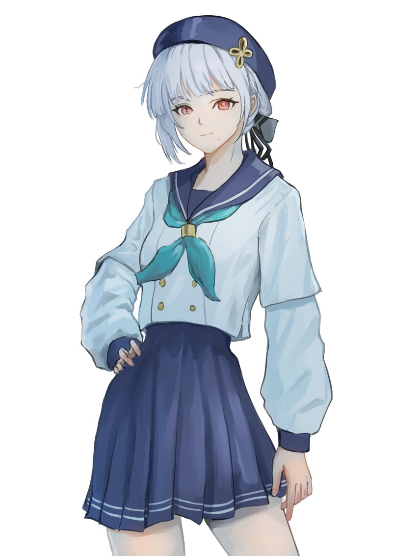 1girl absurdres alternate_costume aqua_neckerchief beret black_ribbon blue_hat blue_sailor_collar blue_skirt breasts buttons chucky_(chucky1000sun) closed_mouth commentary_request cowboy_shot double-breasted grey_hair hair_ribbon hand_on_own_hip hat highres light_smile long_sleeves looking_at_viewer mismatched_irises mole mole_under_mouth neckerchief red_eyes ribbon sailor_collar sanhua_(wuthering_waves) school_uniform serafuku shirt short_hair simple_background skirt small_breasts solo tacet_mark_(wuthering_waves) white_background white_shirt wuthering_waves