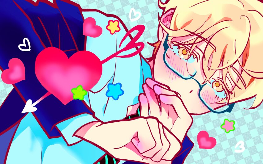 1boy absurdres alien_stage arrow_through_heart blonde_hair blue-framed_eyewear blue_background blue_jacket blush checkered_background closed_mouth collared_shirt colored_eyelashes commentary diagonal-striped_clothes diagonal-striped_necktie ear_blush glasses hashtag-only_commentary heart highres jacket long_sleeves luka_(alien_stage) male_focus necktie official_alternate_costume official_art school_uniform second-party_source semi-rimless_eyewear shirt short_hair solo star_(symbol) striped_clothes very_short_hair vivinos white_shirt yellow_eyes