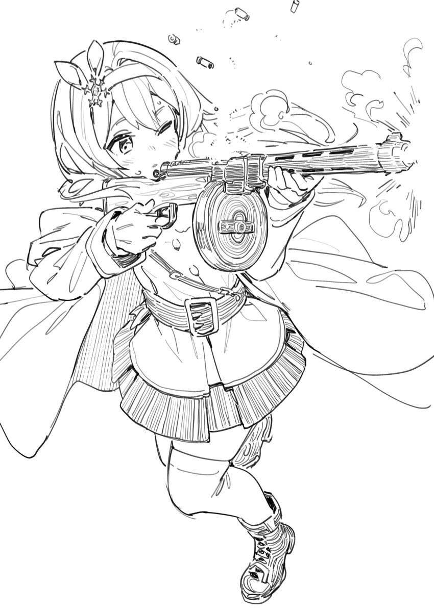 1girl absurdres ankle_boots belt blush boots bullet coat ddal double-parted_bangs drum_magazine expressionless finger_on_trigger firing floating_hair from_above full_body girls&#039;_frontline greyscale gun hair_ornament hairband hatching_(texture) heel_up highres holding holding_gun holding_weapon linear_hatching long_hair long_sleeves looking_ahead magazine_(weapon) miniskirt monochrome off_shoulder one_eye_closed open_clothes open_coat parted_lips simple_background skirt snowflake_hair_ornament solo standing submachine_gun suomi_(girls&#039;_frontline) suomi_kp/-31 thighhighs turning_around twisted_torso two-handed weapon white_background