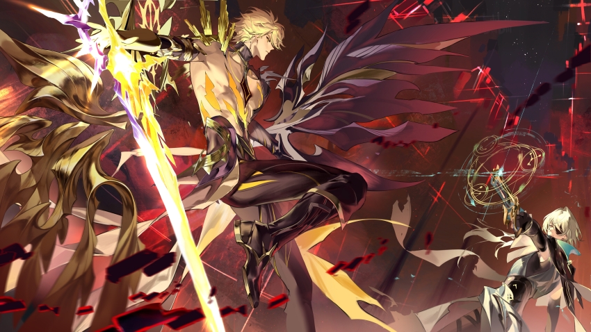 2boys absurdres alternate_form anaxa_(honkai:_star_rail) aqua_eyes aqua_hair asymmetrical_wings battle black_capelet black_shirt black_wings blonde_hair capelet chinese_commentary commentary_request cracked_skin eyepatch hair_between_eyes halo halo_behind_head highres holding holding_sword holding_weapon honkai:_star_rail honkai_(series) male_focus material_growth miemiebei multiple_boys phainon_(honkai:_star_rail) shirt short_hair sword torn_clothes torn_shirt weapon wings yellow_blood yellow_eyes yellow_wings