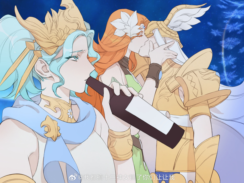 3girls armor blue_background blue_eyes blue_hair blue_sash blue_scarf bottle bracelet breastplate chinese_commentary closed_eyes collar colored_eyelashes commentary_request covered_eyes diadem dress drinking final_fantasy final_fantasy_xiv green_dress hair_ornament halone hand_on_another&#039;s_cheek hand_on_another&#039;s_face hand_up helmet helmet_over_eyes highres holding holding_bottle jewelry kiss leaf_hair_ornament long_hair looking_up meme menphina metal_collar multiple_girls nophica orange_hair pauldrons sash scarf short_twintails shoulder_armor sleeveless sleeveless_dress third_wheel twintails upper_body watermark weibo_watermark white_dress white_hair wine_bottle winged_helmet wo_dou_gao_shi&#039;er_shennu yuri