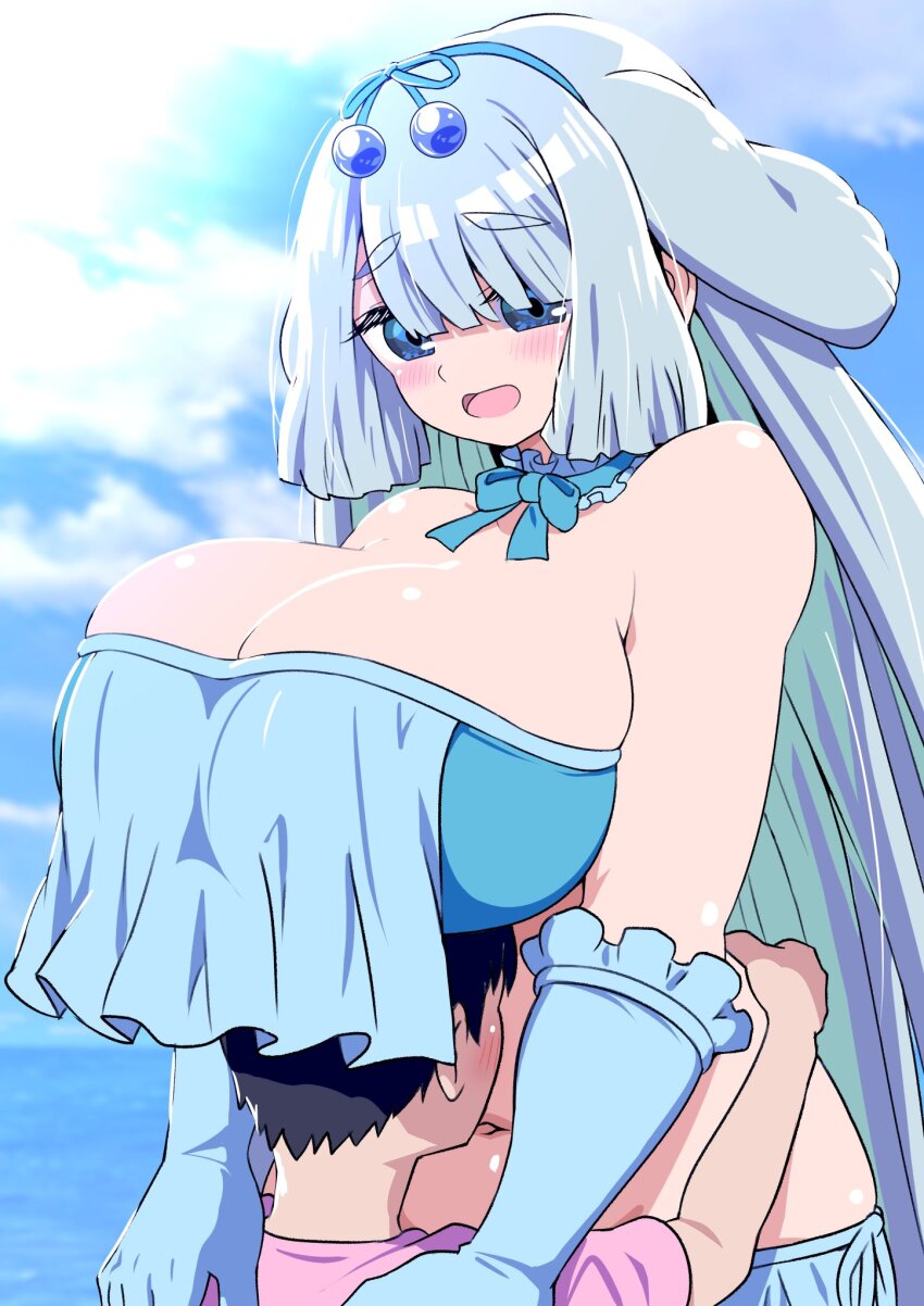 1boy 1girl animal_ears bare_shoulders bikini blue_eyes blue_hair blush breasts dugong_(kemono_friends) elbow_gloves fins frills gloves gradient_hair grey_hair hair_ornament highres huge_breasts kemono_friends kemono_friends_3 long_hair mamiyama multicolored_hair navel open_mouth size_difference swimsuit tail