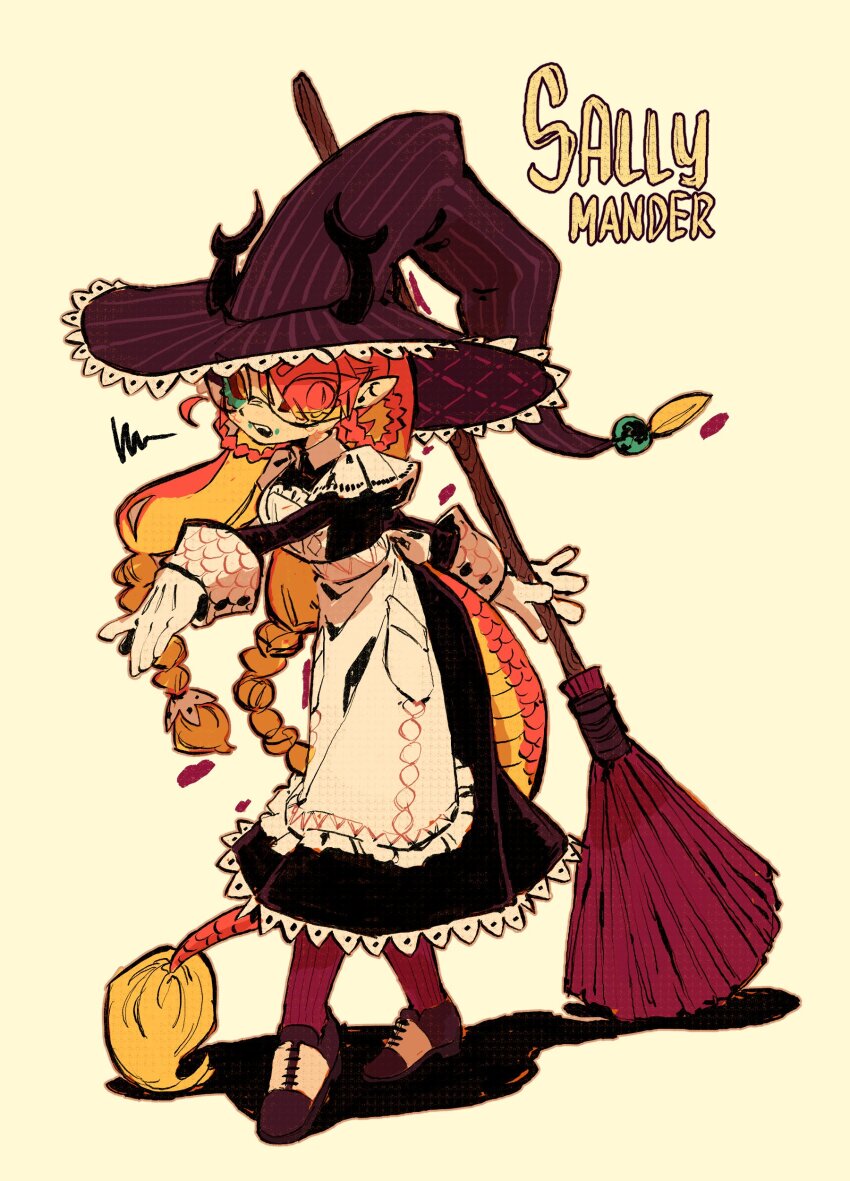 1girl absurdres ankle_socks antlers apron black-framed_eyewear black_dress braid broom brown_hat brown_socks character_name colored_eyelashes colored_sclera commentary crownedsaeraph dragon_girl dragon_tail dress english_commentary eyes_visible_through_hair fangs frilled_apron frills full_body fur-tipped_tail glasses gloves hands_up hat highres holding holding_broom horns juliet_sleeves lace lace-trimmed_dress lace-trimmed_headwear lace_sleeves lace_trim long_hair long_sleeves looking_at_viewer low_twin_braids maid nameplay open_mouth orange_eyes orange_hair original pointy_ears puffy_sleeves pun red_hair red_scales red_sclera round_eyewear saddle_shoes scales shadow shoes simple_background slit_pupils socks solo standing striped_clothes striped_headwear tail twin_braids very_long_hair witch_hat yellow_background