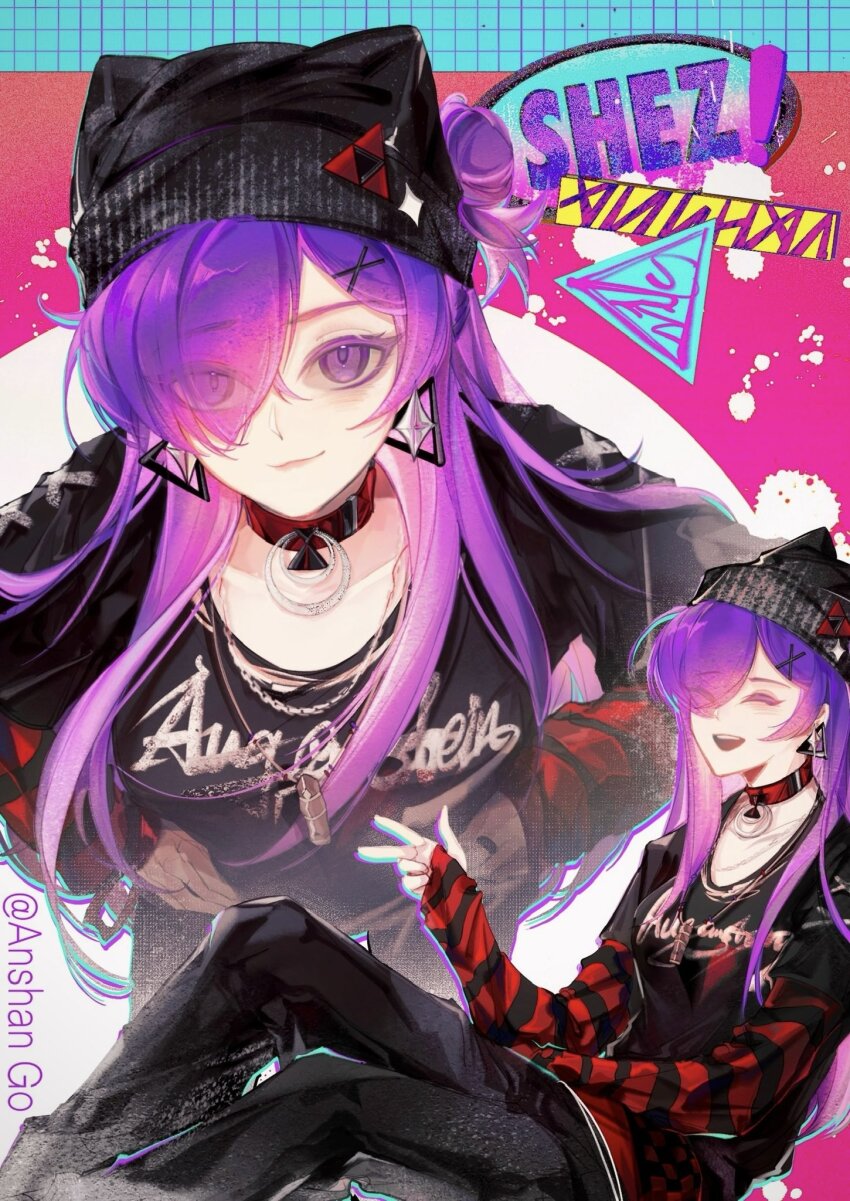 1girl alternate_costume anshango black_hat black_pants character_name closed_eyes commentary contemporary earrings english_commentary eyes_visible_through_hair female_shez_(fire_emblem) fire_emblem fire_emblem:_three_houses fire_emblem_warriors:_three_hopes hat highres jewelry long_hair long_sleeves nintendo one_eye_covered pants purple_eyes purple_hair sleeves_past_wrists solo swept_bangs very_long_hair