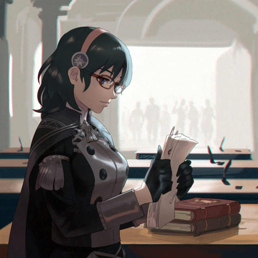 1girl blue_eyes blue_hair book byleth_(female)_(academy_uniform)_(fire_emblem) cape desk doorway female_byleth_(fire_emblem) fire_emblem fire_emblem:_three_houses garreg_mach_monastery_uniform gloves hairband inkwell nintendo official_alternate_costume paper quill silhouette solo_focus stup-jam upper_body
