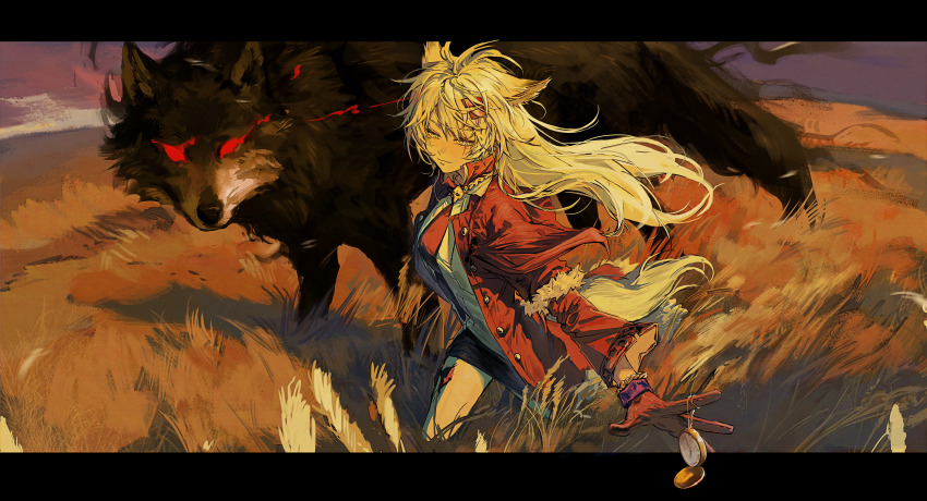 1girl absurdres animal_ears arknights black_dress bracelet breasts bright_pupils buttons capelet chinese_commentary closed_mouth coat commentary_request cowboy_shot deatiose dress dusk eye_trail film_grain floating_hair from_above gloves grey_eyes grey_hair grey_tail hair_between_eyes hair_ornament hairclip half-closed_eyes high_collar highres holding holding_pocket_watch jewelry lappland_(arknights) lappland_(refined_horrormare)_(arknights) letterboxed light_smile light_trail long_hair long_sleeves looking_at_object looking_to_the_side material_growth messy_hair necklace official_alternate_costume open_clothes open_coat open_hand oripathy_lesion_(arknights) outdoors outside_border pocket_watch popped_collar reaching red_capelet red_coat red_gloves running scar scar_across_eye scar_on_face shadow short_dress sky small_breasts smug solo standing tail vest watch wheat_field white_pupils white_vest wide_sleeves wolf_ears wolf_girl wolf_tail zaaro_(arknights)