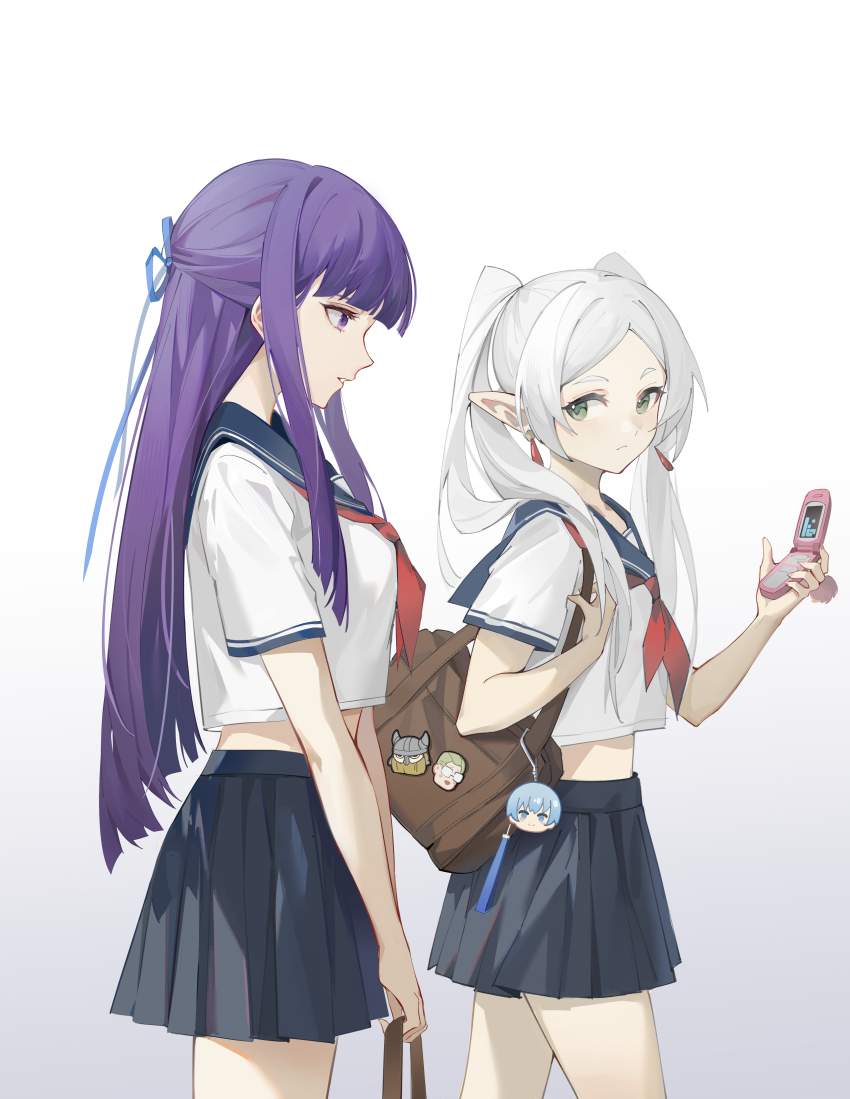 2girls absurdres bag black_skirt blue_ribbon blue_sailor_collar blunt_bangs brown_bag cellphone character_sticker cowboy_shot earrings eisen_(sousou_no_frieren) elf fern_(sousou_no_frieren) flip_phone frieren from_side gradient_background green_eyes hair_ribbon heiter highres himmel_(sousou_no_frieren) holding holding_phone jewelry lianzhanggui long_hair midriff multiple_girls neckerchief phone pleated_skirt pointy_ears purple_eyes purple_hair red_neckerchief ribbon sailor_collar sailor_shirt school_bag school_uniform serafuku shirt short_sleeves shoulder_bag simple_background skirt sousou_no_frieren summer_uniform twintails very_long_hair white_hair white_shirt