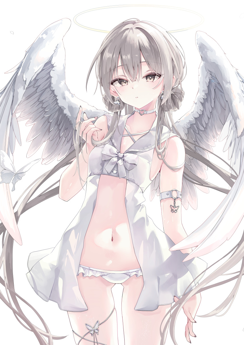 1girl absurdres angel angel_wings arm_strap babydoll bare_shoulders choker collarbone commentary_request cowboy_shot feathered_wings floating_hair grey_eyes grey_hair hair_between_eyes halo heart heart_choker highres inubouzaki_(i_nu1515) lens_flare light_particles lingerie long_hair looking_at_viewer navel negligee o-ring original panties parted_lips simple_background solo standing underwear very_long_hair white_background white_choker white_halo white_panties white_wings wings