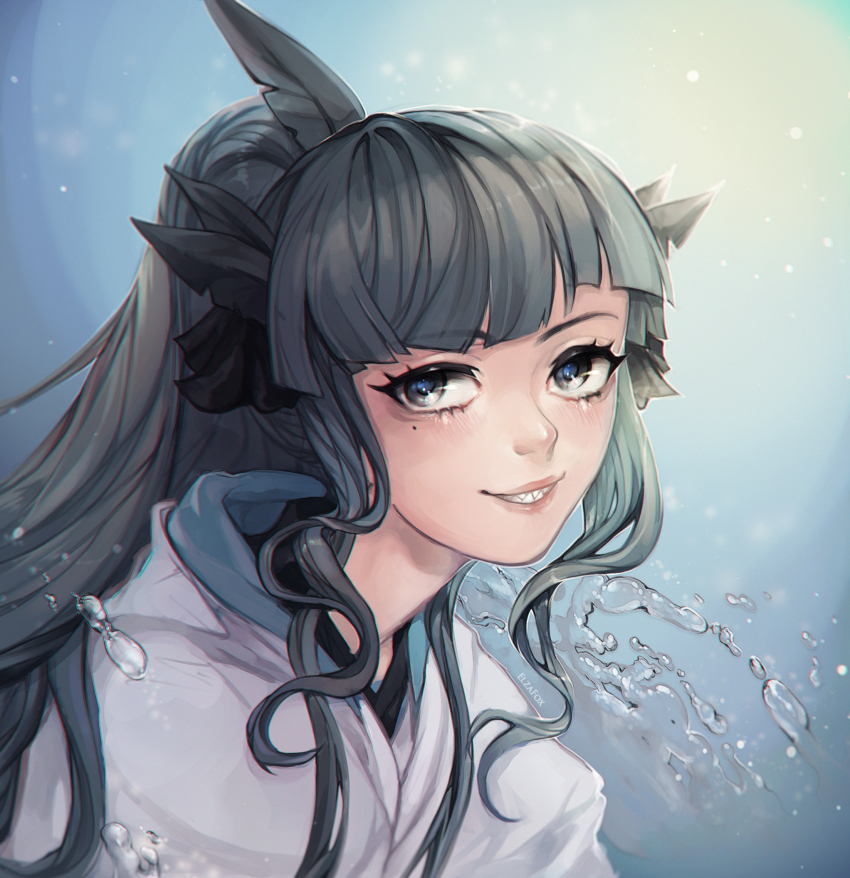 1girl air_bubble artemis_of_the_blue artist_name atelier_live black_eyes black_hair bubble commentary elzafoxu english_commentary highres long_hair mole mole_under_eye ponytail shark_fin shark_girl sharp_teeth solo teeth underwater virtual_youtuber wavy_sidelocks