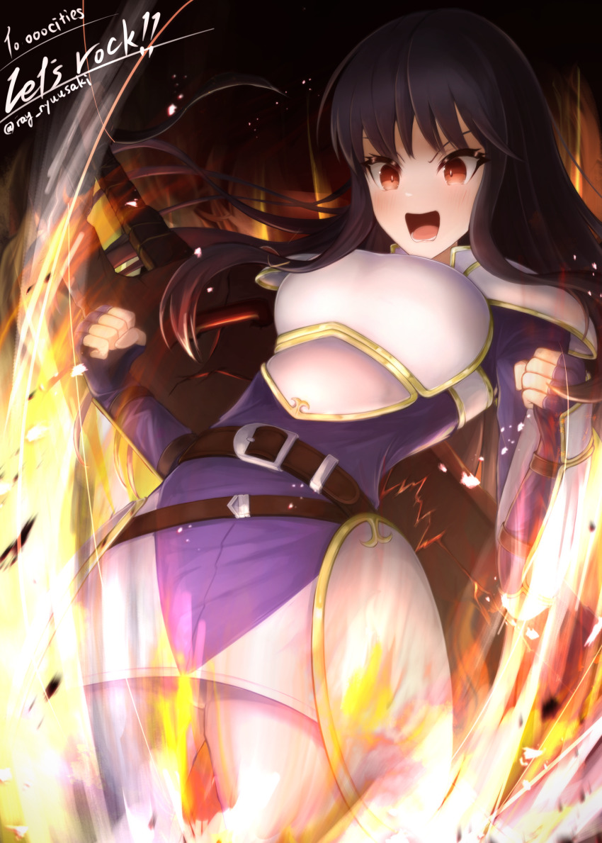 1girl armor astrid_(fire_emblem) belt bending_backward black_hair bocchi_the_rock! breastplate breasts brown_eyes clenched_hands commentary_request commission fire_emblem fire_emblem:_path_of_radiance highres long_hair medium_breasts nintendo open_mouth panties pantyshot parody pauldrons ryuusaki_rei shoulder_armor solo underwear upskirt white_panties