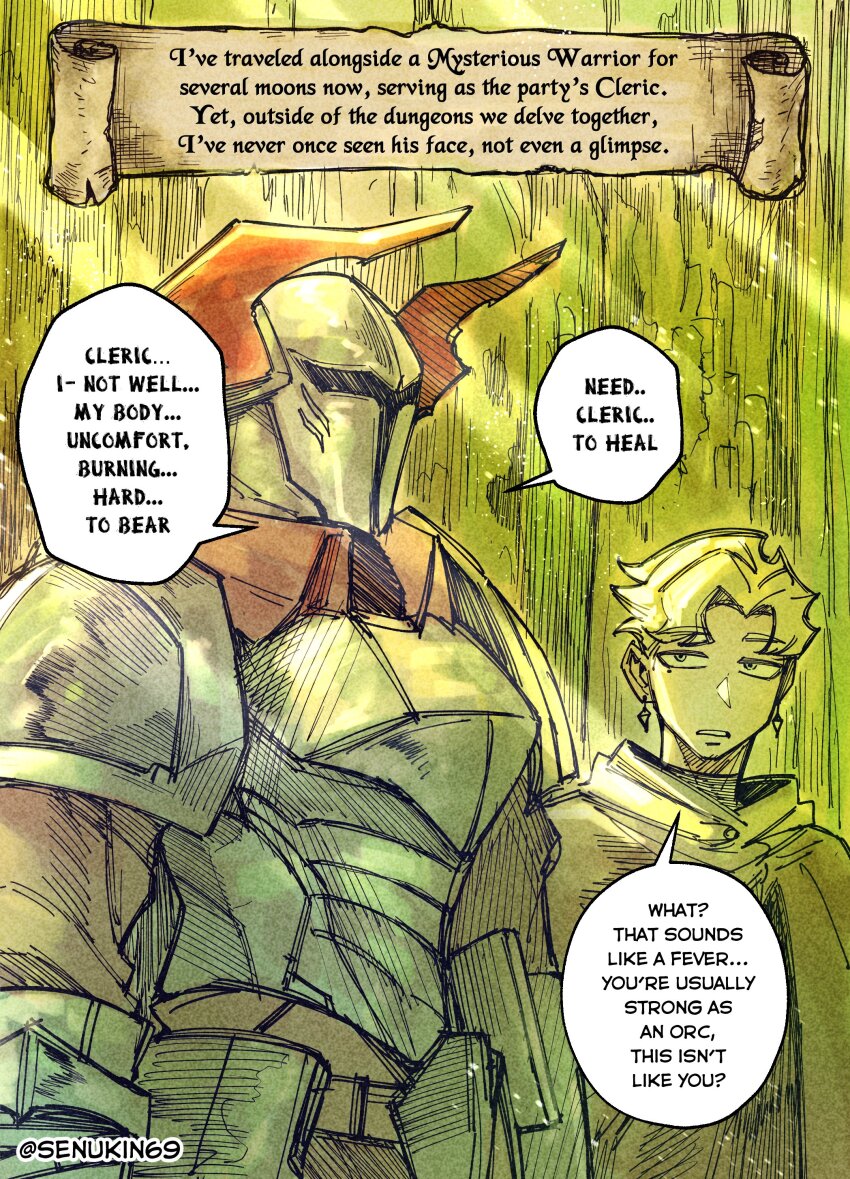 1boy 1other absurdres armor blonde_hair breastplate earrings english_text full_armor gauntlets helm helmet highres horns jewelry knight light_rays looking_at_another original outdoors plate_armor priest red_horns senukin shoulder_armor speech_bubble sunbeam sunlight
