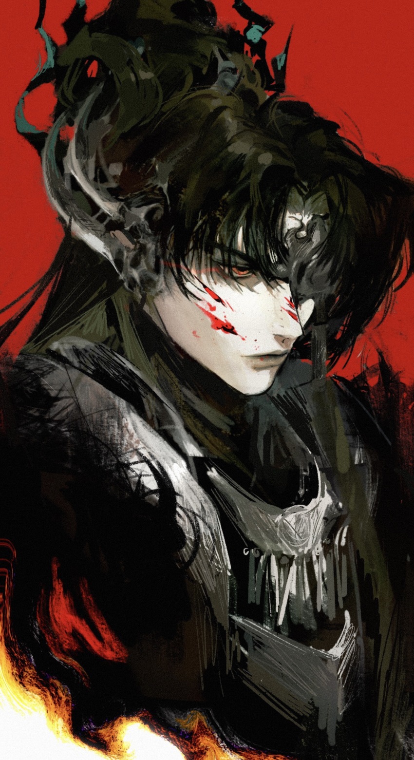 1boy absurdres black_hair black_shirt blood blood_on_face curtained_hair eyepatch fringe_trim green_hair hair_ornament highres jinguang_budaixi long_hair looking_down lushi_moluo male_focus multicolored_hair one_eye_covered orange_eyes parted_bangs parted_hair parted_lips pouletrizfleur red_background shirt solo three_quarter_view two-tone_background upper_body white_background