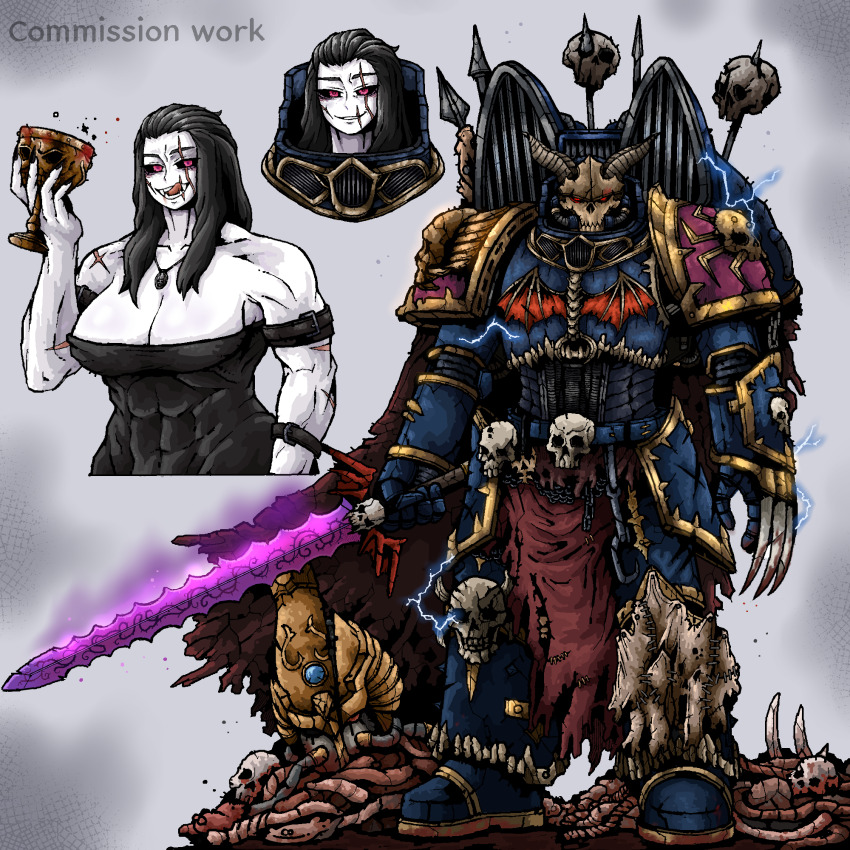1girl adeptus_astartes armor black_hair black_sclera chalice chaos_(warhammer) chaos_space_marine colored_sclera commission covered_abs cropped_torso cup force_sword full_armor full_body genderswap highres holding holding_cup holding_sword holding_weapon lightning_claw multiple_views muscular muscular_female night_lords octosoup pale_skin pauldrons scar scar_across_eye scar_on_arm scar_on_face shoulder_armor skull skull_cup sword warhammer_40k weapon