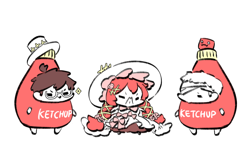 1girl 2boys =_= alchemy_stars amol_0522 bandage_over_one_eye brown_hair brown_skirt chibi closed_mouth costume dress faust_(alchemy_stars) flower food_costume frilled_dress frills frown hair_flower hair_ornament hat highres ketchup_bottle large_hat long_hair multiple_boys nails_(alchemy_stars) pact_(alchemy_stars) pink_ribbon red_hair ribbon simple_background skirt top_hat twintails unworn_hat unworn_headwear very_long_hair wavy_mouth white_background white_dress white_hair white_hat