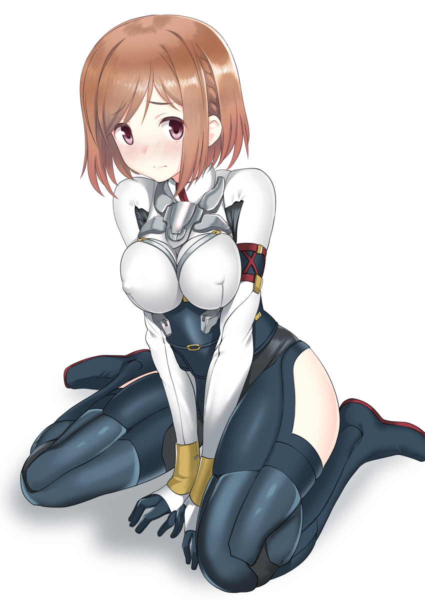 1girl a9b_(louis814) absurdres alice_gear_aegis bad_id bad_pixiv_id black_bodysuit blush bob_cut bodysuit braid breasts brown_hair closed_mouth frown highres impossible_bodysuit impossible_clothes looking_at_viewer medium_breasts purple_eyes shadow short_hair sitting solo sutegoro_shiina swept_bangs v_arms wariza white_background