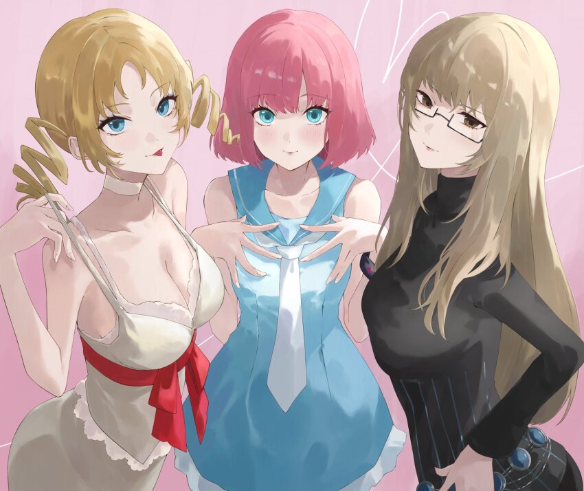 1boy 2girls aqua_eyes black-framed_eyewear blonde_hair blue_eyes bracelet breasts brown_eyes catherine:_full_body catherine_(atlus_character) catherine_(game) choker cleavage closed_mouth collarbone crossdressing dress drill_hair eyeshadow glasses highres jewelry katherine_mcbride konchi_(63438789) lace lace_choker large_breasts light_brown_hair lingerie long_hair long_sleeves looking_at_viewer makeup multiple_girls necktie negligee pink_background pink_hair rin_(catherine) sailor_collar semi-rimless_eyewear short_dress short_hair sleeveless standing torn_clothes trap twin_drills twintails under-rim_eyewear underwear white_necktie
