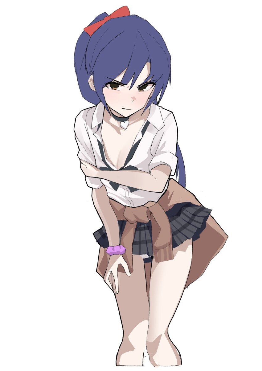 1girl absurdres blue_hair blush bow bowtie brown_eyes brown_sweater ch2haya_p choker closed_mouth clothes_around_waist collared_shirt cropped_legs flat_chest glaring grey_skirt gyaru hand_on_own_arm heart heart_choker highres idolmaster idolmaster_(classic) kisaragi_chihaya leaning_forward long_hair looking_at_viewer loose_bowtie open_collar panties pantyshot pink_scrunchie pleated_skirt ponytail scowl scrunchie shirt simple_background skirt solo standing sweater sweater_around_waist underwear white_background white_panties white_shirt wrist_scrunchie