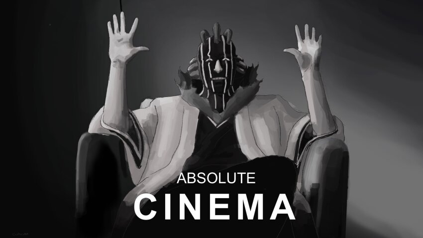 1boy absolute_cinema_(meme) black_kimono bleach bleach:_sennen_kessen-hen chair commentary corarima english_commentary english_text grey_background greyscale grin hands_up haori highres japanese_clothes kimono kurotsuchi_mayuri looking_at_viewer makeup male_focus meme monochrome nose on_chair outstretched_hand sanpaku short_hair simple_background sitting smile taichou_haori upper_body