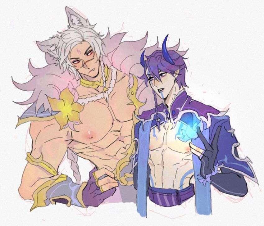 2boys aaaadddding abs aiguillette animal_ears aphelios armor black_gloves black_sleeves blue_eyes blue_horns braid commentary cropped_torso demon_horns eye_contact facial_mark fingerless_gloves flower fur_trim gauntlets gloves hair_between_eyes hands_on_own_hips horns league_of_legends long_sleeves looking_at_another lotus male_focus mandarin_collar multiple_boys nipples partially_fingerless_gloves pauldrons pectorals purple_gloves purple_hair red_eyes sett_(league_of_legends) shoulder_armor side_braid simple_background single_braid sketch spirit_blossom_aphelios spirit_blossom_sett topless_male white_background white_fur white_hair yellow_flower