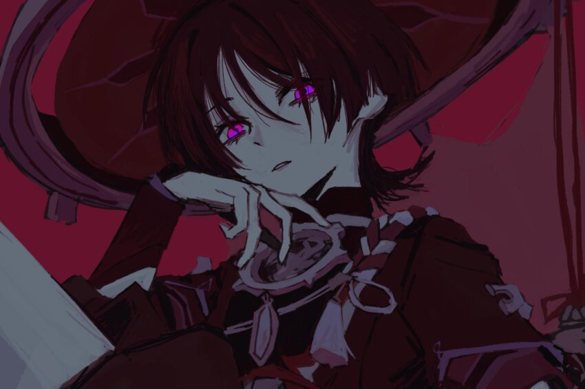 1boy absurdres armor black_bodysuit black_hair black_kimono black_rope black_sleeves blunt_ends bodysuit curled_fingers evil_eyes ff9900 genshin_impact hair_between_eyes hair_over_eyes han&#039;eri hand_on_own_chin hat highres japanese_armor japanese_clothes jingasa kimono kote kurokote layered_clothes layered_kimono layered_sleeves looking_at_viewer male_focus mandarin_collar open_clothes open_hand open_kimono parted_lips purple_eyes purple_sleeves red_background red_hat red_kimono rope scaramouche_(genshin_impact) shimenawa short_sleeves sketch solo three_quarter_view tilted_headwear upper_body white_mouth white_rope
