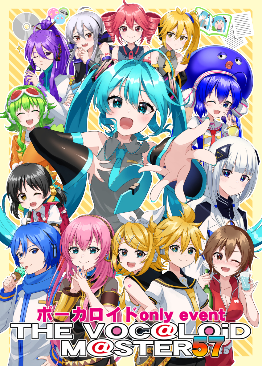 3boys 6+girls :3 absurdres ahoge alcohol backpack bag belt black_hair blonde_hair blue_eyes blue_hair bottle bow breasts brown_eyes brown_hair cd cellphone cevio cleavage closed_eyes coat collared_shirt crop_top cup detached_sleeves drill_hair flip_phone flute food goggles goggles_on_head green_hair grey_hair gumi hachune_miku hair_bobbles hair_bow hair_ornament hair_stick hairclip hand_on_own_chest hand_on_own_hip hat hatsune_miku headphones headset highres holding holding_bottle holding_cup holding_ice_cream_cone holding_phone ice_cream ice_cream_cone index_finger_raised instrument jitome kaai_yuki kafu_(cevio) kagamine_len kagamine_rin kaito_(vocaloid) kamui_gakupo kasane_teto kasane_teto_(utau) licking locked_arms long_hair long_sleeves low_twintails megurine_luka meiko_(vocaloid) midriff multiple_boys multiple_girls nail_polish navel neckerchief necktie one_eye_closed open_mouth otomachi_una outstretched_arm own_hands_together phone pink_hair purple_hair randoseru reaching reaching_towards_viewer recorder red_eyes sailor_collar scarf shirt short_hair short_hair_with_long_locks short_sleeves side_ponytail single_detached_sleeve skirt sleeveless sleeveless_shirt smile stuffed_carrot tatyaoekaki tongue tongue_out twin_drills twintails utau very_long_hair vocaloid white_hair yellow_eyes