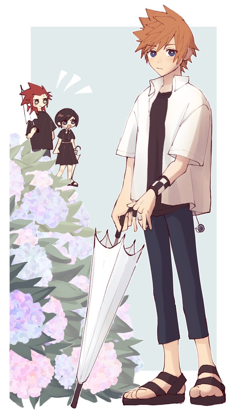 1girl 2boys alternate_costume axel_(kingdom_hearts) black_dress black_footwear black_hair black_shirt blonde_hair blue_eyes blue_pants bracelet collared_shirt dress expressionless flower green_eyes highres holding holding_umbrella hydrangea jewelry kingdom_hearts kingdom_hearts_iii male_focus medium_hair multiple_boys nitoya_00630a open_mouth pants red_hair ribbon ring roxas sandals shirt short_hair short_sleeves smile snail spiked_hair standing umbrella white_ribbon white_shirt white_umbrella xion_(kingdom_hearts)