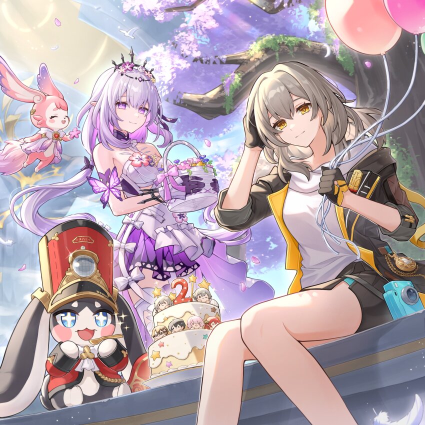 2girls 2others absurdres asymmetrical_legwear balloon black_coat black_gloves black_skirt black_tiara bug butterfly caelus_(honkai:_star_rail) cake castorice_(honkai:_star_rail) celebration closed_mouth coat dress floating_hair flower food gloves grey_hair highres himeko_(honkai:_star_rail) honkai:_star_rail honkai_(series) insect long_hair looking_at_viewer march_7th_(honkai:_star_rail) mem_(honkai:_star_rail) milestone_celebration mugita_(mokankan) multiple_girls multiple_others official_art open_clothes open_coat outdoors pantyhose pointy_ears pom-pom_(honkai:_star_rail) purple_butterfly purple_eyes purple_flower purple_gloves purple_hair shirt sitting skirt smile standing stelle_(honkai:_star_rail) thighhighs tiara trailblazer_(honkai:_star_rail) uneven_legwear welt_yang white_dress white_pantyhose white_shirt white_thighhighs yellow_eyes