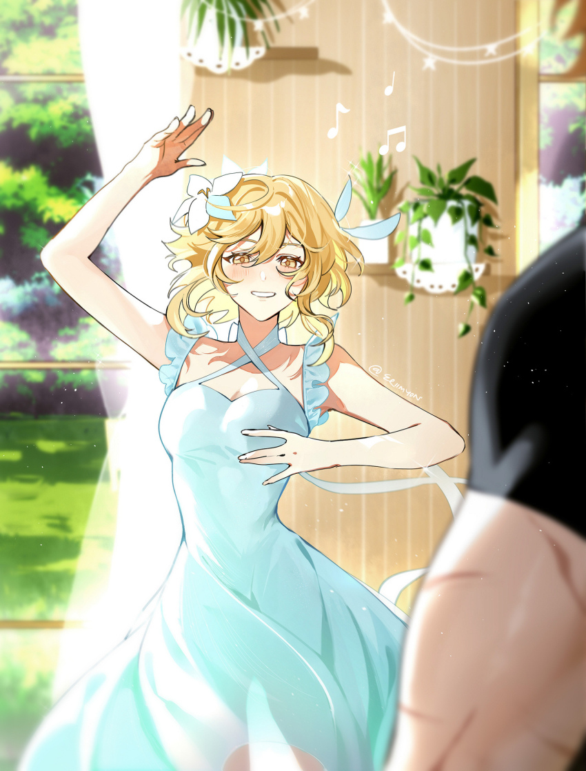 1boy 1girl alternate_costume bare_shoulders blonde_hair blurry blurry_background breasts collarbone cowboy_shot dancing dress eriimyon flower genshin_impact hair_flower hair_ornament hand_up highres looking_at_viewer lumine_(genshin_impact) medium_breasts outdoors short_hair smile solo_focus tartaglia_(genshin_impact) white_dress white_flower yellow_eyes