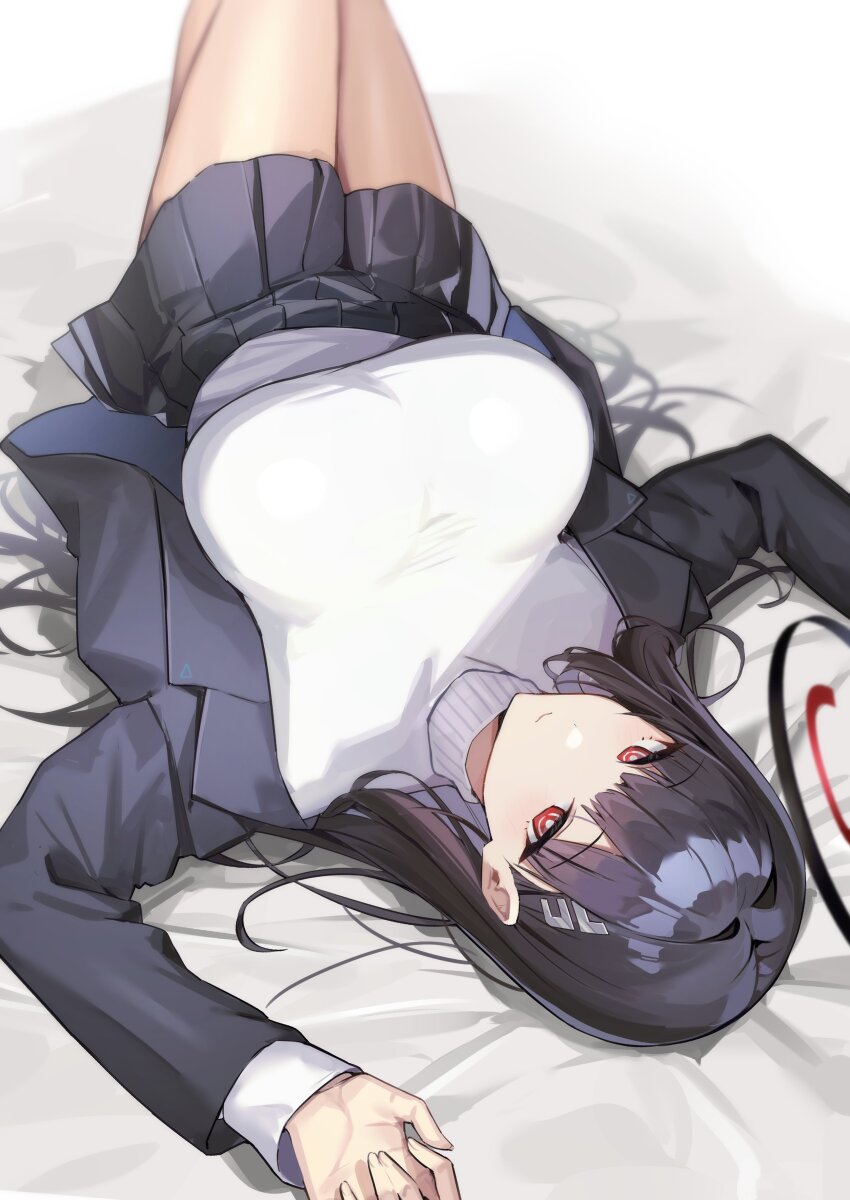 1girl absurdres black_hair black_halo blue_archive bright_pupils hair_ornament hairclip halo highres long_hair multicolored_halo red_eyes ringed_eyes rio_(blue_archive) ryou_(ponpgo) solo sweater turtleneck turtleneck_sweater two-tone_halo very_long_hair white_pupils white_sweater