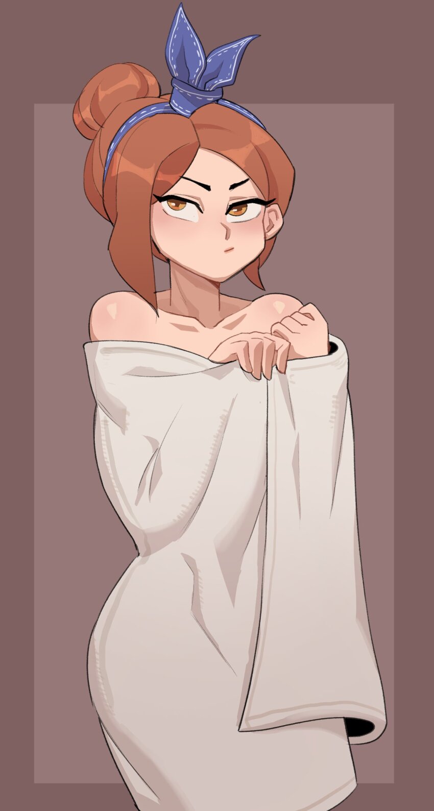 1girl absurdres bare_shoulders brown_background brown_hair collarbone commentary cowboy_shot english_commentary hair_bun hairband highres hyyun_ho june_(hyyun_ho) naked_towel orange_eyes original purple_hairband single_hair_bun solo towel