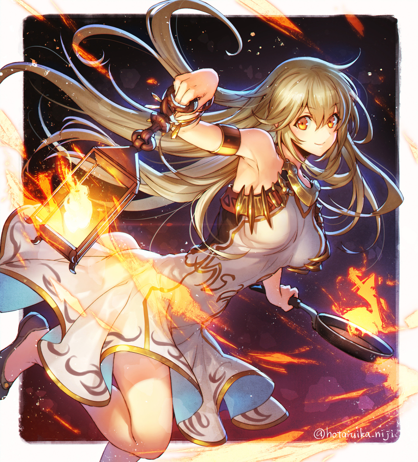 1girl ahoge aim_(megido72) armlet bare_shoulders blonde_hair blush bracelet breasts closed_mouth commentary_request dress fire frying_pan gold gold_trim highres holding holding_frying_pan holding_lantern hotaruika_niji jewelry lantern long_hair looking_at_viewer medium_breasts megido72 necklace purple_shoes shoes smile solo twitter_username white_dress yellow_eyes