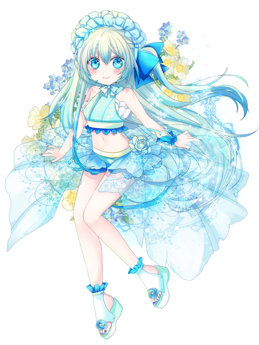 1girl blue_bow blue_eyes blue_nails blue_skirt blush bow dairoku_ryouhei flower full_body hair_bow hat highres koizumi_ginka long_hair looking_at_viewer midriff miniskirt navel platform_sandals royaltea87 sandals skirt sleeveless smile snowflakes solo transparent_background very_long_hair white_hat wrist_cuffs yellow_flower