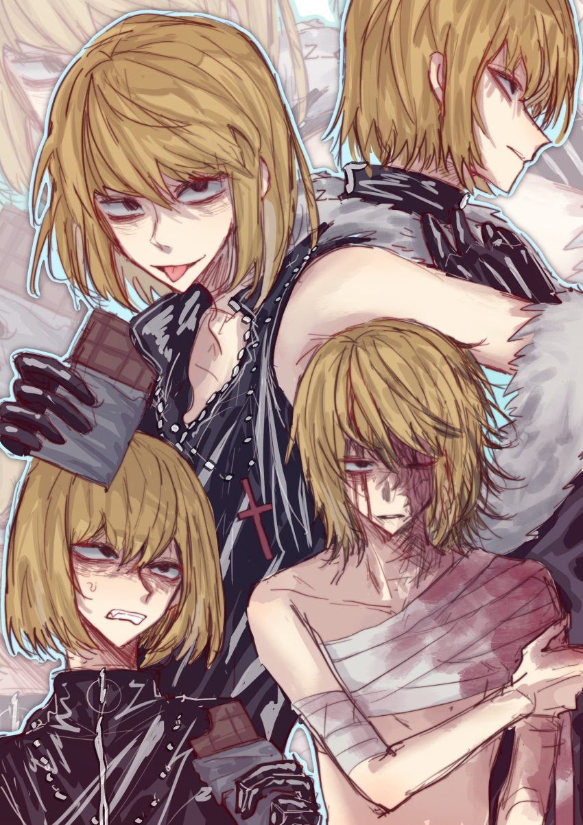 absurdres bandaged_arm bandaged_chest bandages black_jacket blonde_hair blood blood_on_face bloody_bandages brown_eyes candy chocolate chocolate_bar clenched_teeth closed_mouth commentary death_note food highres holding holding_candy holding_food jacket looking_ahead mello_(death_note) multiple_views one_eye_closed open_collar parted_lips popped_collar shuicha803 single_bare_shoulder sleeveless sleeveless_jacket symbol-only_commentary teeth tongue tongue_out zoom_layer