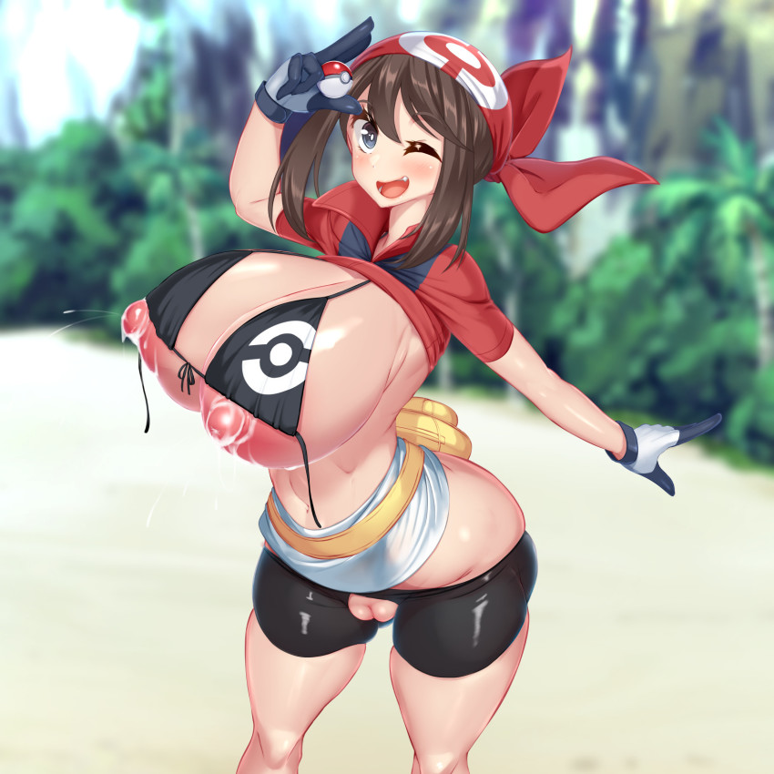 1girl bandana beach bikini bikini_top_only blue_eyes blush breasts brown_hair cleft_of_venus clothes_lift creatures_(company) curvy fanny_pack game_freak gloves highres holding holding_poke_ball huge_breasts kawahagitei lactation looking_at_viewer may_(pokemon) navel nintendo one_eye_closed open_mouth outdoors pants perky_breasts poke_ball poke_ball_(basic) poke_ball_print pokemon pokemon_rse puffy_areolae puffy_nipples pussy shirt_lift skindentation solo swimsuit thick_thighs thighs tight_clothes tight_pants torn_clothes torn_legwear uncensored untied_bikini wide_hips wink