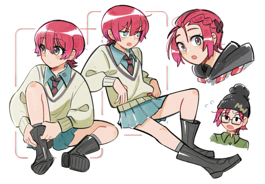 1girl amate_yuzuriha ange_(angeban93) aqua_eyes aqua_skirt bad_link blue_hair blush breasts closed_mouth collared_shirt gundam gundam_gquuuuuux hat highres holding long_sleeves looking_at_viewer necktie open_mouth red_hair school_uniform shirt short_hair simple_background skirt solo sweater white_background