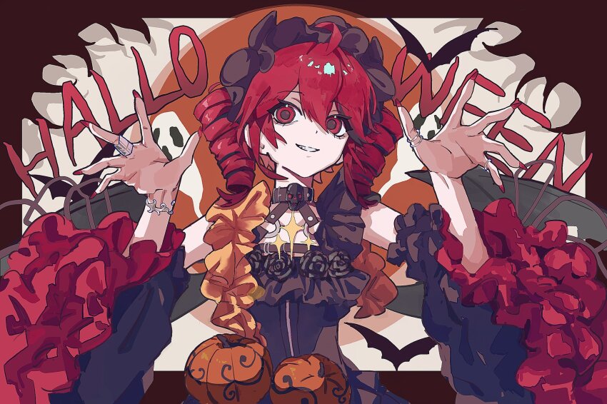 ahoge black_dress bracelet detached_sleeves dress drill_hair frilled_sleeves frills hair_between_eyes halloween hands_up headdress highres jewelry kasane_teto medium_hair multiple_rings nail_polish nymphoides111 parted_lips pumpkin red_eyes red_hair red_nails ring single_bracelet sleeveless sleeveless_dress smile twin_drills utau