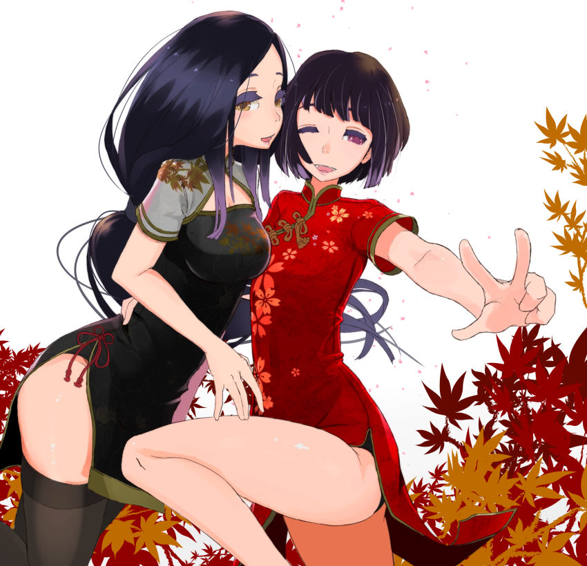 1boy 1girl ;) black_dress black_hair black_thighhighs blunt_bangs blush breasts brown_eyes china_dress chinese_clothes commentary_request crossdressing divine_child_of_rejuvenation dress highres hug kuro_the_divine_heir long_hair looking_at_viewer low-tied_long_hair medium_breasts mian one_eye_closed parted_bangs purple_eyes red_dress sekiro:_shadows_die_twice short_dress side_slit smile thighhighs thighs trap v waist_hug
