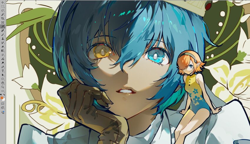 1boy 1girl art_program_in_frame blue_eyes blue_hair bright_pupils brown_gloves fairy gallica_(metaphor:_refantazio) gloves hair_between_eyes hair_over_one_eye heterochromia highres leotard looking_at_viewer metaphor:_refantazio orange_hair protagonist_(metaphor:_refantazio) short_hair smile themoonrabbit white_pupils yellow_eyes