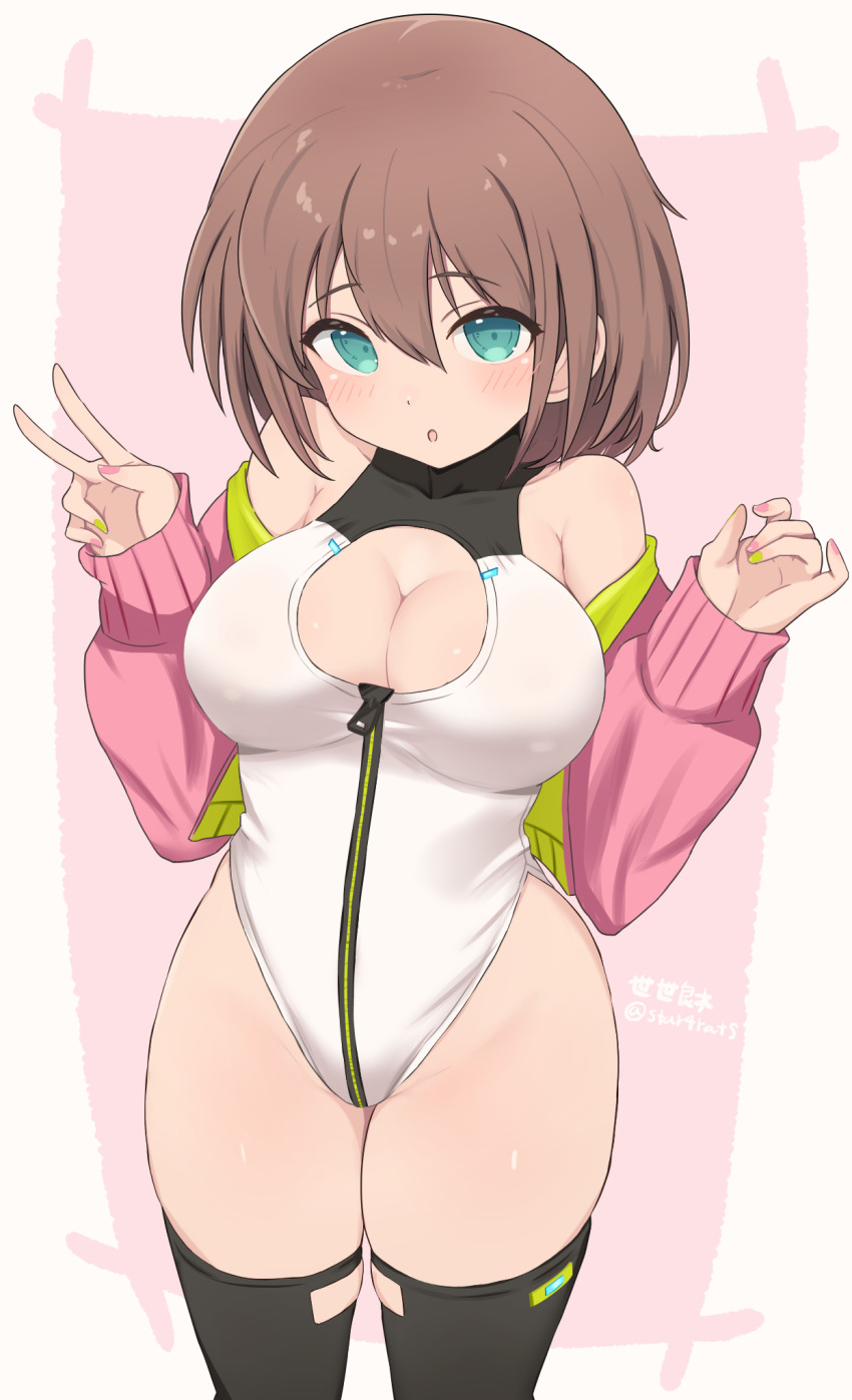 1girl aiba_sena alice_gear_aegis aqua_eyes black_jacket black_thighhighs breasts brown_eyes circle_cutout cleavage cleavage_cutout clothing_cutout companion/af covered_collarbone front_zipper full-length_zipper heattech_leotard highleg highleg_leotard highres jacket large_breasts leotard multicolored_leotard pink_jacket race_queen seseragi_(star4rats) short_hair skindentation sleeveless_turtleneck_leotard solo thighhighs turtleneck two-tone_leotard v w_arms white_leotard zipper zipper_leotard zipper_pull_tab